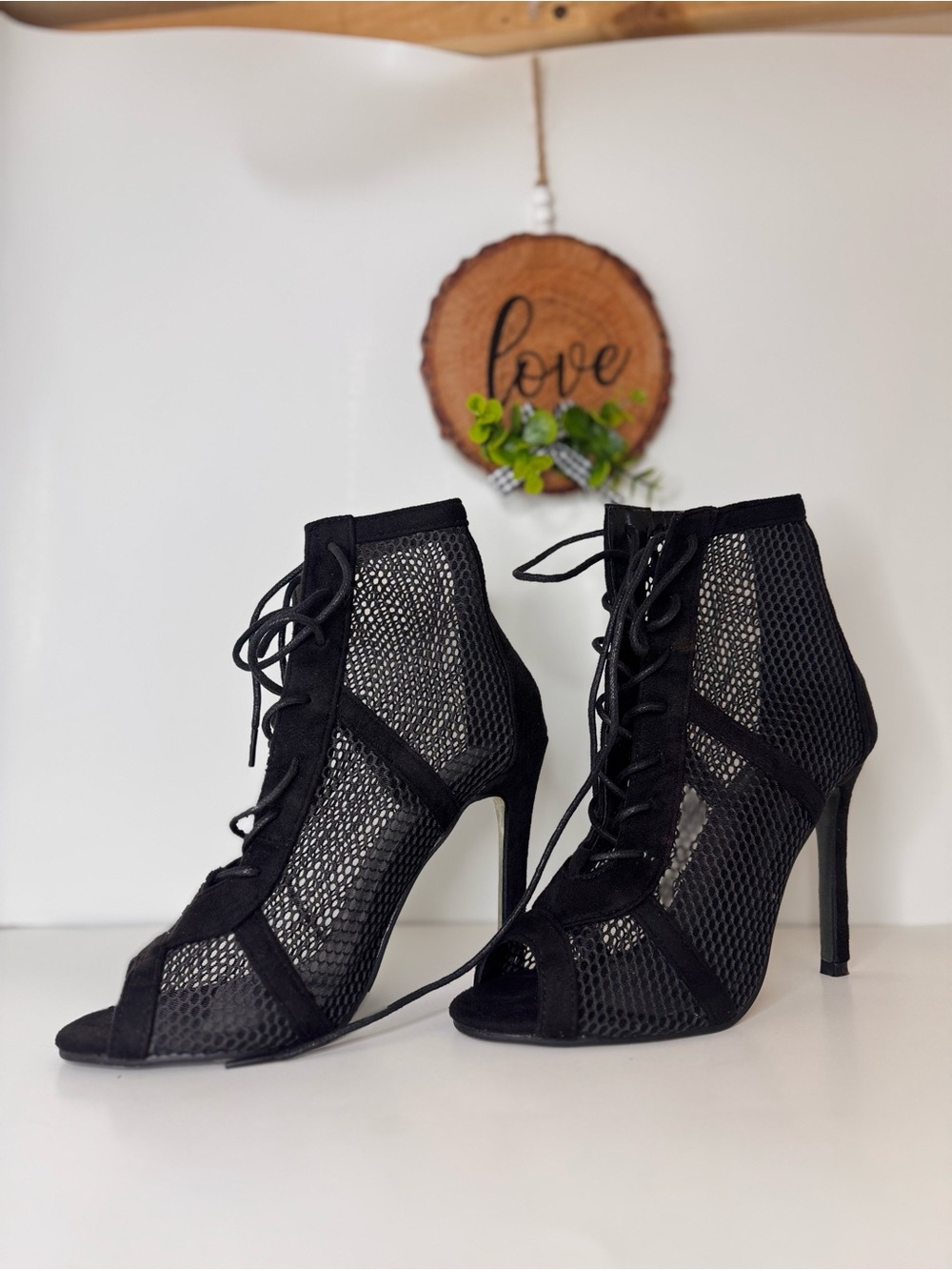 Lace-Up Black Mesh High Heel Booties